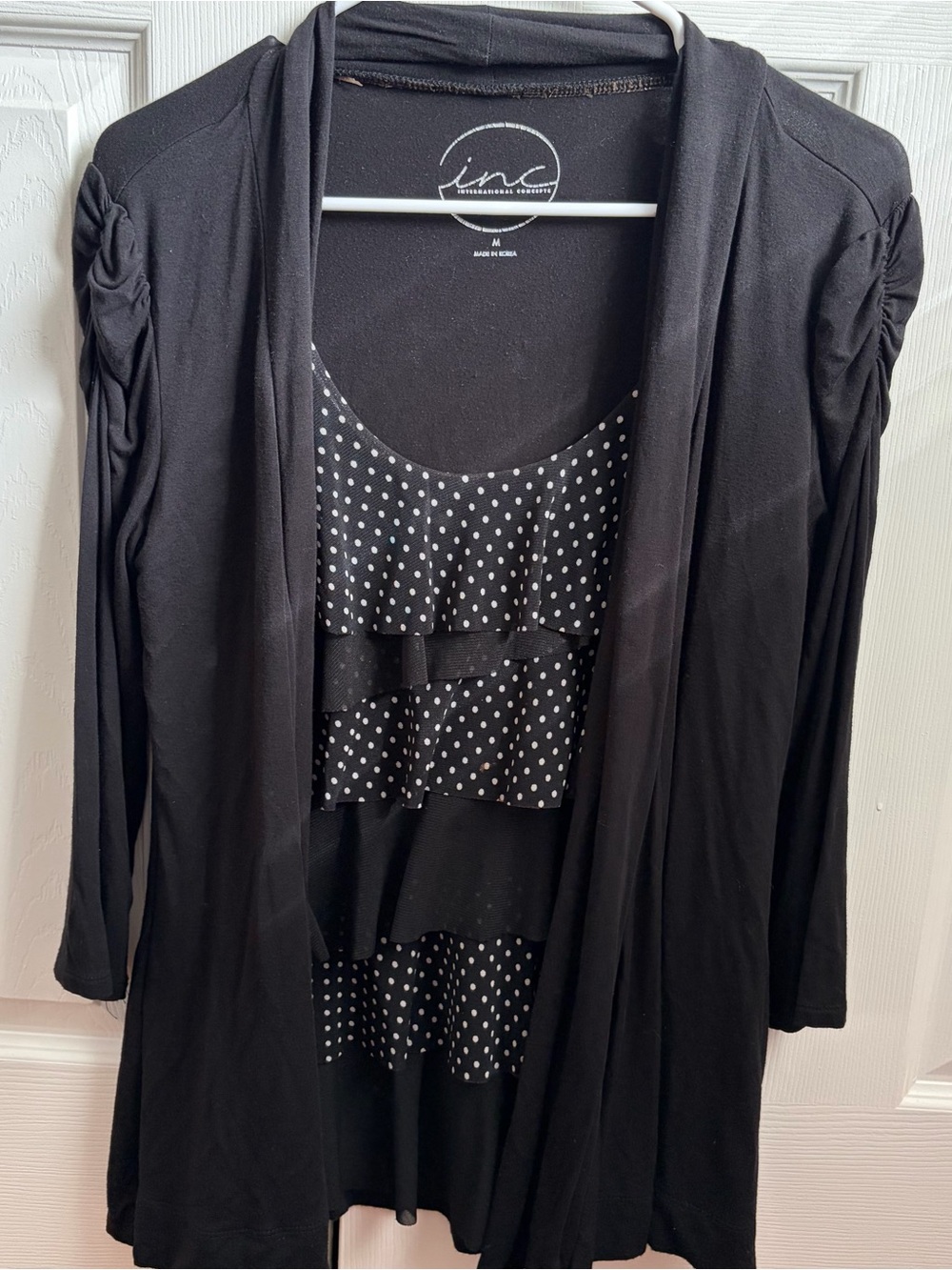INC International Concepts Black Layered Polka Dot Open Cardigan